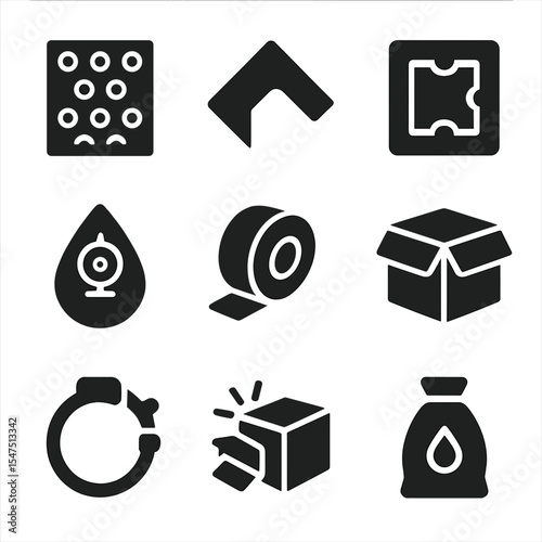 Transit Protection Icons. Solid, filled icons set of product protection during transit: bubble wrap, corner