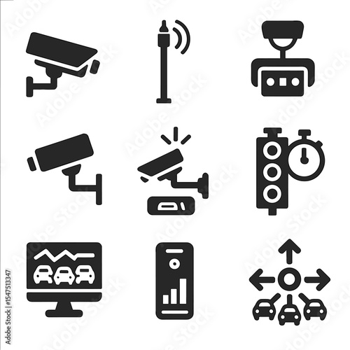 Traffic System Icons. Solid, filled icons set of traffic monitoring systems: CCTV camera, sensor pole, license