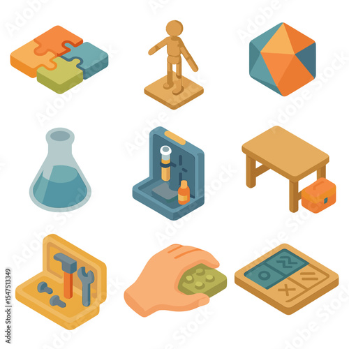Kinesthetic Learning Tools. Isometric Flat icon set of kinesthetic learning tools: puzzle piece, model, 3D object, lab flask,