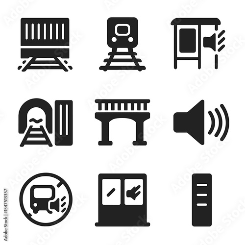 Transportation Noise Icons. Solid, filled icons set of transportation noise protection: rail barrier, subway