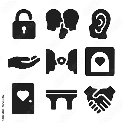 Trust and Vulnerability Icons. Solid, filled icons set of trust and vulnerability: open lock, shared secret,