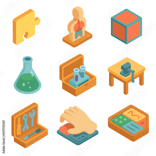 Kinesthetic Learning Tools. Isometric Flat icon set of kinesthetic learning tools: puzzle piece, model, 3D object, lab flask,