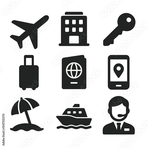 Travel Icons Collection. Solid, filled icons set of global travel and hospitality brands: airplane, hotel