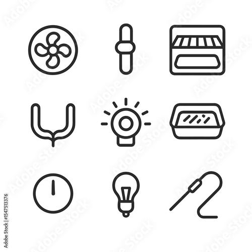 Kitchen Appliance Icons. Outline icon set of kitchen range features: convection fan, self-clean switch, bake rack, broil element,