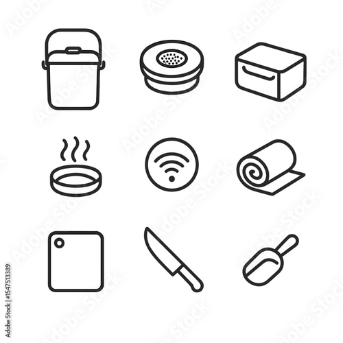 Kitchen Caddy Icons. Outline icon set of kitchen countertop caddies: stainless steel bin, carbon filter lid, pull-out drawer, odor