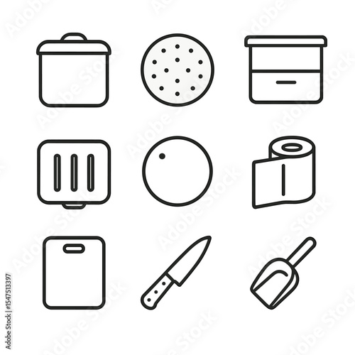 Kitchen Caddy Icons. Outline icon set of kitchen countertop caddies: stainless steel bin, carbon filter lid, pull-out drawer, odor