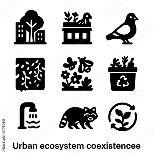 Urban Ecosystem Icons. Solid, filled icons set of urban ecosystem coexistence: city tree, rooftop garden,