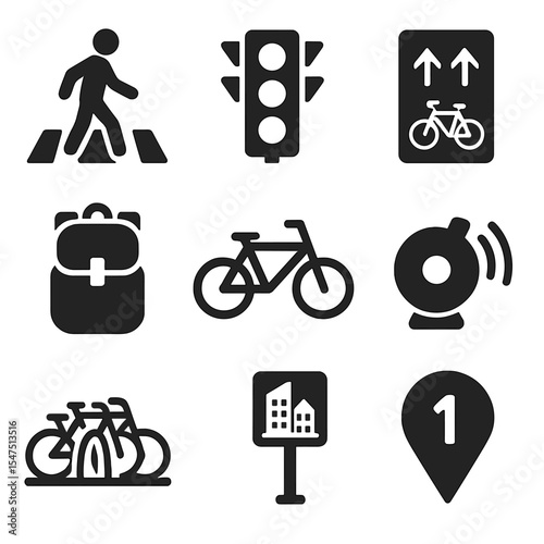 Urban Bike Icon Set. Solid, filled icons set of urban bike commuting: crosswalk, traffic light, cycle lane,