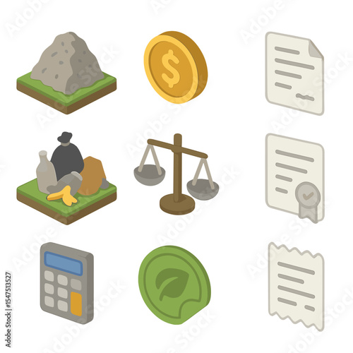 Landfill Tax Icon Set. Isometric Flat icon set of landfill tax regulations: landfill mound, tax coin, invoice, trash pile, balance