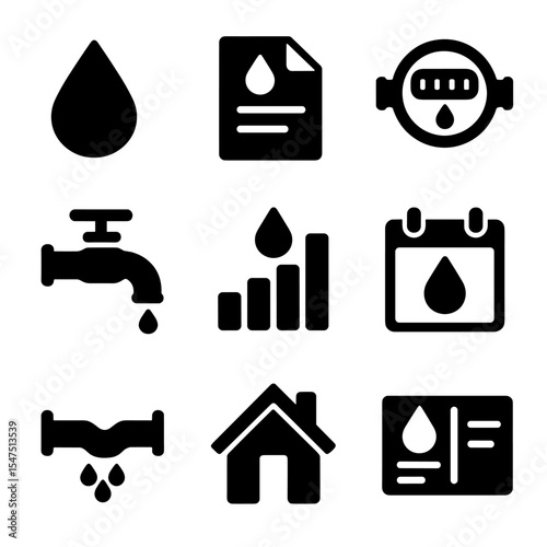 Utility Bill Icons. Solid, filled icons set of utility bills with water usage: water drop, bill document,