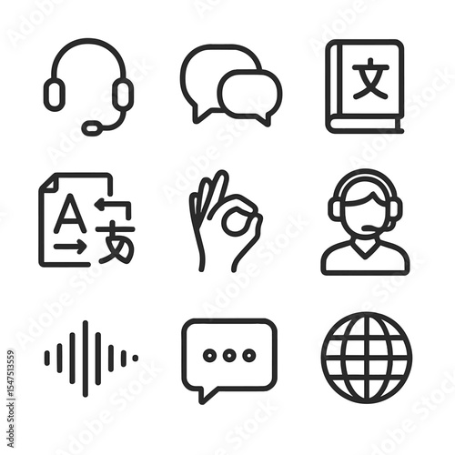Language Services Icons. Outline icon set of language interpretation services: microphone headset, speech bubble, bilingual