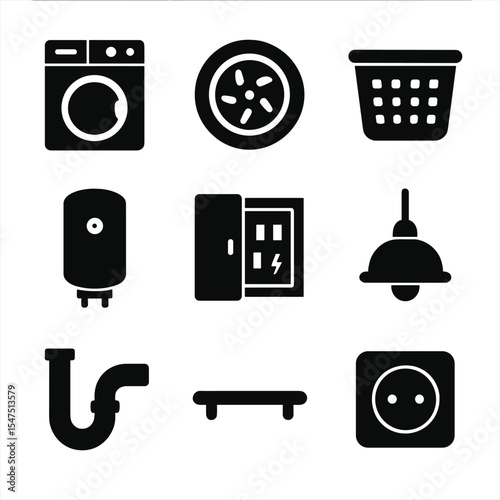 Utility Room Icons. Solid, filled icons set of utility room appliances and fixtures: washer icon, dryer drum,