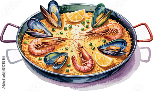 A watercolor illustration of a traditional seafood paella with saffron rice, shrimp, mussels, peas, and lemon wedges in a wide pan