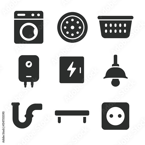 Utility Room Icons. Solid, filled icons set of utility room appliances and fixtures: washer icon, dryer drum,