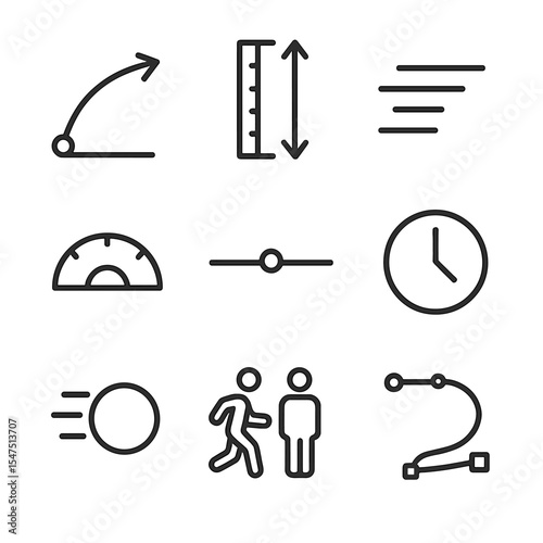 Leap Motion Icon Set. Outline icon set of leap motion infographic: trajectory arrow, height meter, speed lines, angle protractor,