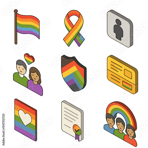 LGBTQ+ Icon Set. Isometric Flat icon set of LGBTQ+ inclusion: rainbow flag, pride ribbon, gender-neutral restroom, partner