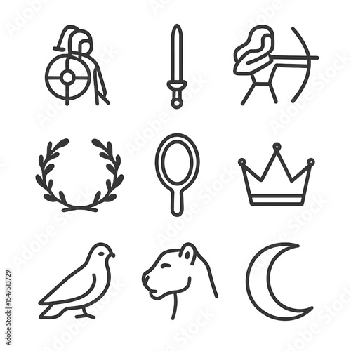 Legendary Heroine Icons. Outline icon set of legendary female heroes: shield maiden silhouette, sword, bow and arrow, laurel