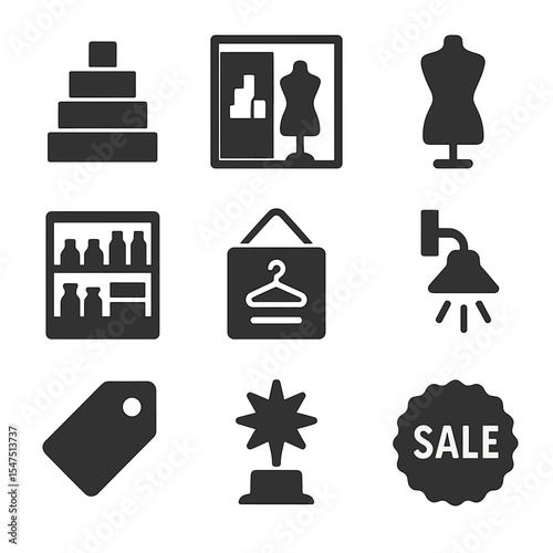 Visual Merchandising Icons. Solid, filled icons set of visual merchandising and displays: product stand,