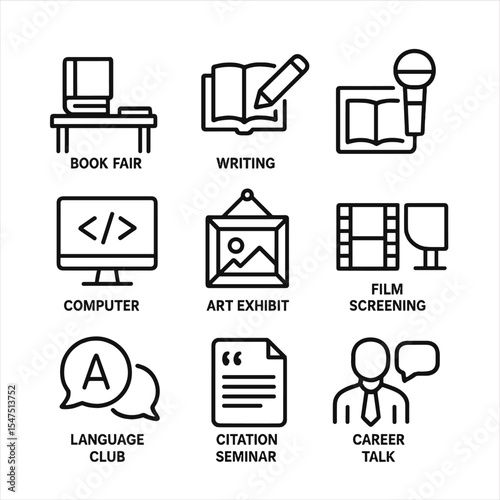Library Event Icons. Outline icon set of library events and workshops: book fair, writing workshop, poetry slam, coding class, art