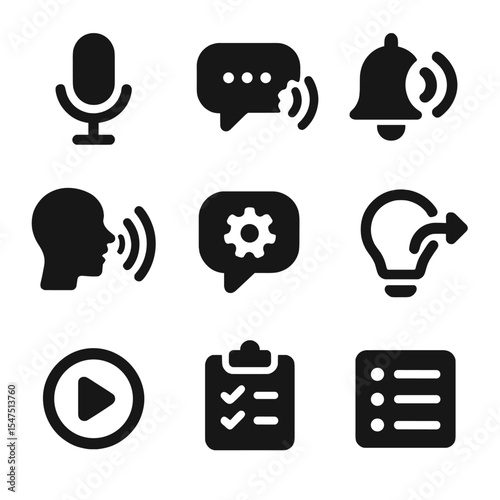 Voice Assistant Icon Set. Solid, filled icons set of voice assistant features: mic icon, command bubble, reply