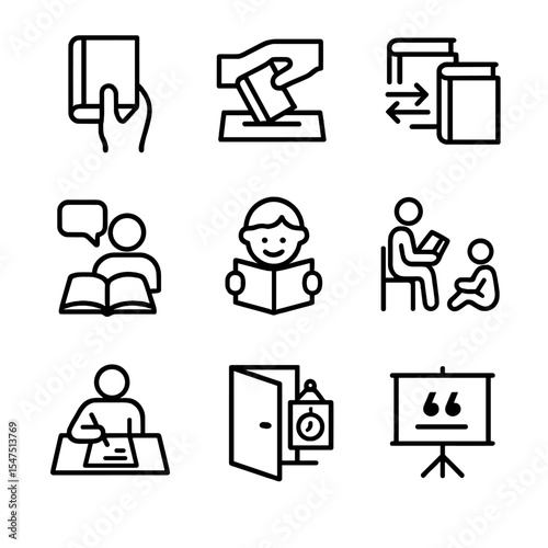 Library Services Icons. Outline icon set of library services: book checkout, book return slot, interlibrary loan, reference help,