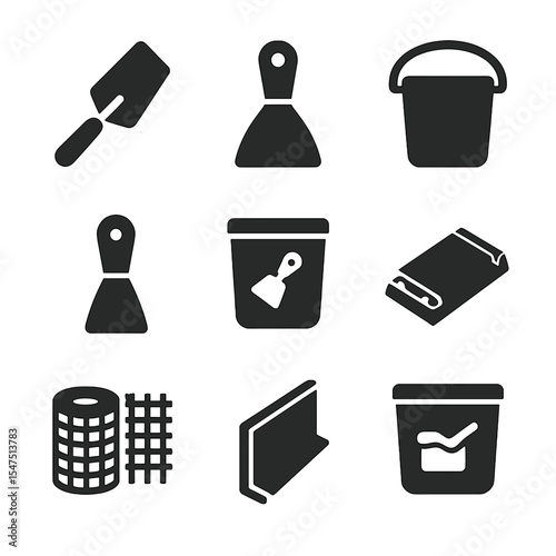 Wall Repair Tool Icons. Solid, filled icons set of wall repair tools: plaster trowel, scraper, bucket, putty