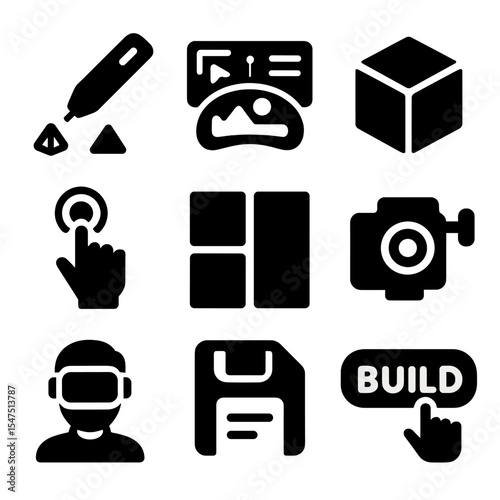 VR Educational Icon Set. Solid, filled icons set of educational content creation in VR: 3D pen, scene editor,