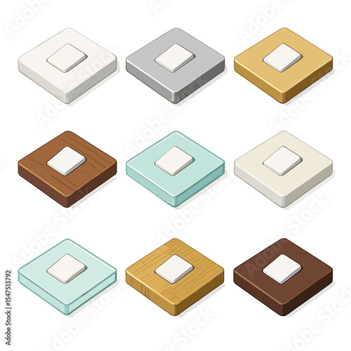 Light Switch Plate Icons. Isometric Flat icon set of light switch plate materials: plastic plate, stainless steel plate, brass