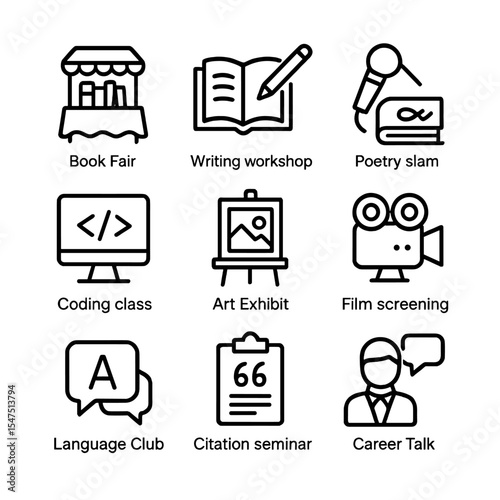 Library Event Icons. Outline icon set of library events and workshops: book fair, writing workshop, poetry slam, coding class, art
