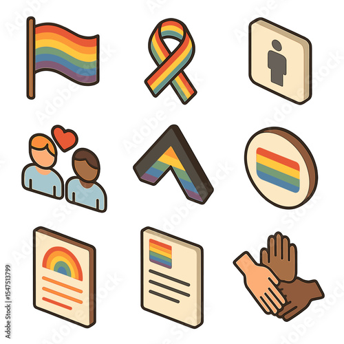 LGBTQ+ Icon Set. Isometric Flat icon set of LGBTQ+ inclusion: rainbow flag, pride ribbon, gender-neutral restroom, partner