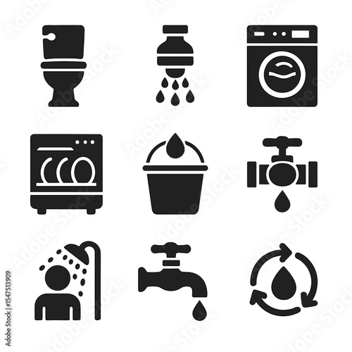 Water Conservation Icons. Solid, filled icons set of household water-saving tips: dual-flush toilet, aerator