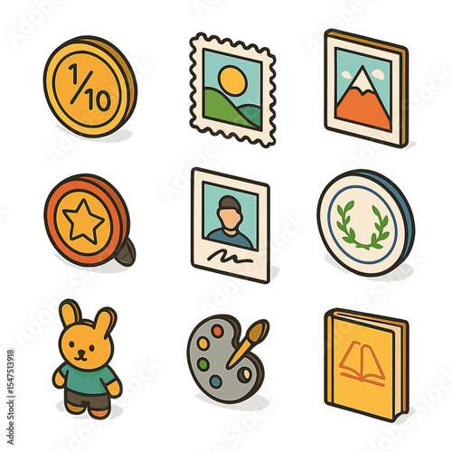 Limited Edition Collectibles. Isometric Flat icon set of limited edition collectibles: numbered coin, special edition stamp,