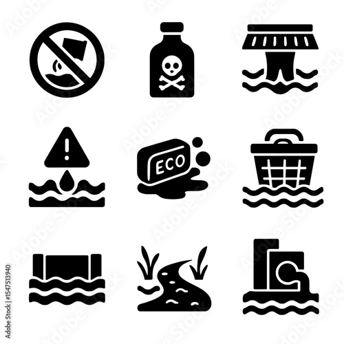 Water Pollution Prevention Icons. Solid, filled icons set of water pollution prevention: no dumping sign,