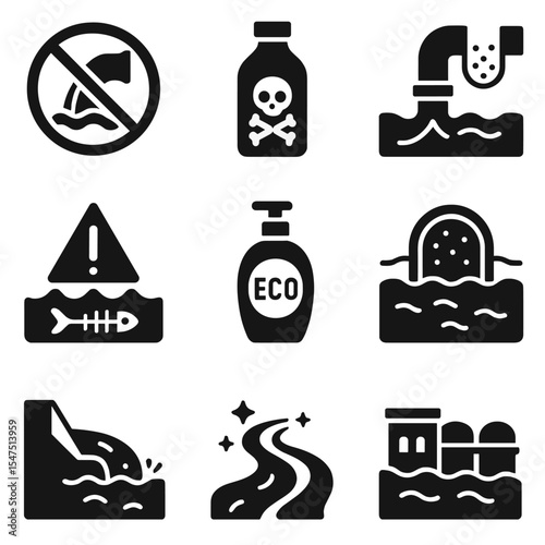 Water Pollution Prevention Icons. Solid, filled icons set of water pollution prevention: no dumping sign,