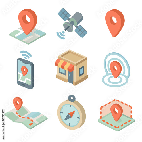 Location Icon Set. Isometric Flat icon set of Location-Based Personalization: map marker, GPS satellite, location pin, smartphone,