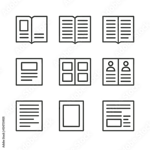 Magazine Layout Icons. Outline icon set of magazine layouts: cover spread, editorial page, feature spread, advertisement page,