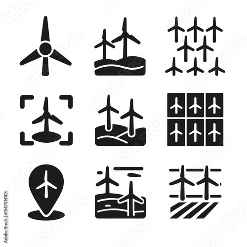 Wind Farm Icon Set. Solid, filled icons set of wind farm aerial visuals: top-view turbine, farm layout,