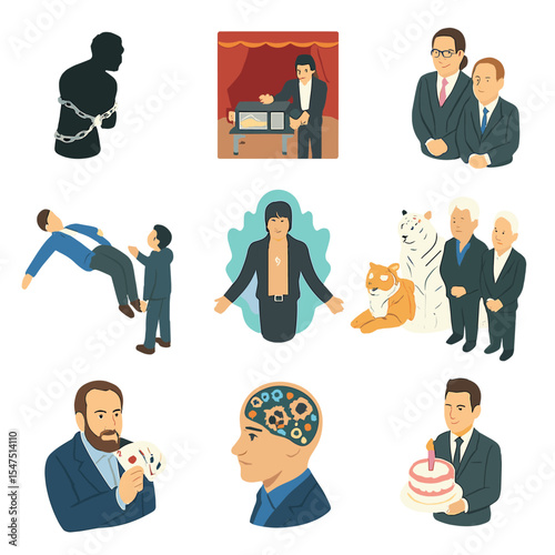 Magicians Icon Set. Isometric Flat icon set of famous magicians: Harry Houdini silhouette, David Copperfield stage, Penn & Teller