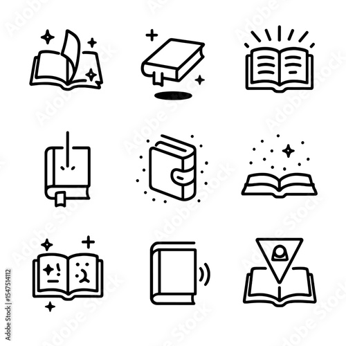 Magical Book Icon Set. Outline icon set of magical book interactions: page turn aura, tome levitation, text glow, bookmark beam,