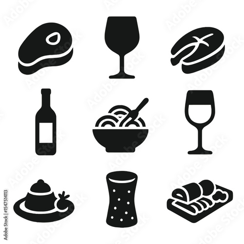 Wine and Dine Icons. Solid, filled icons set of wine and dine pairings: steak icon, red wine glass, fish