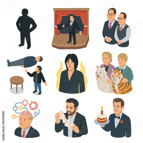 Magicians Icon Set. Isometric Flat icon set of famous magicians: Harry Houdini silhouette, David Copperfield stage, Penn & Teller