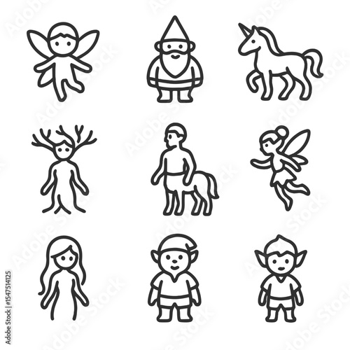Magical Creature Icons. Outline icon set of magical woodland creatures: sprite, gnome, unicorn, dryad, centaur, pixie, nymph,