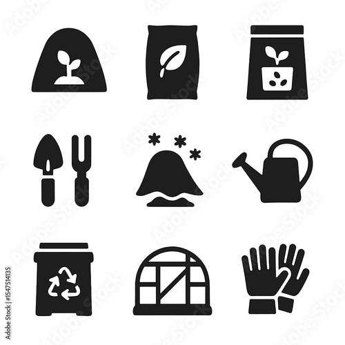 Winter Garden Icons. Solid, filled icons set of winter garden prep: plant cover, mulch bag, seed storage,