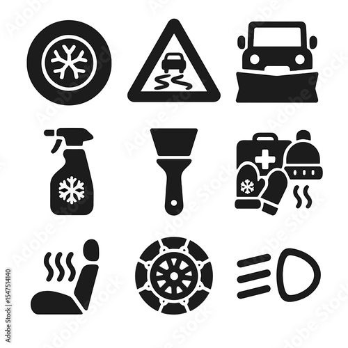 Winter Driving Safety Icons. Solid, filled icons set of winter driving safety: snow tire, ice road sign, snow