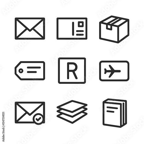 Mail Icon Set. Outline icon set of mail categories: letter envelope, postcard, parcel box, express mail tag, registered mail