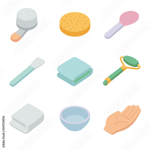 Makeup Removal Essentials. Isometric Flat icon set of makeup removal tools and accessories: cleansing brush, facial sponge,