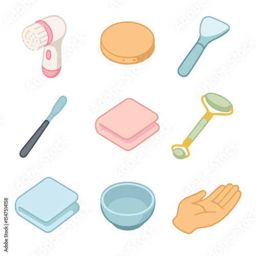 Makeup Removal Essentials. Isometric Flat icon set of makeup removal tools and accessories: cleansing brush, facial sponge,