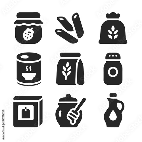 Winter Pantry Icons. Solid, filled icons set of winter pantry essentials: jar of jam, dry pasta, rice sack,