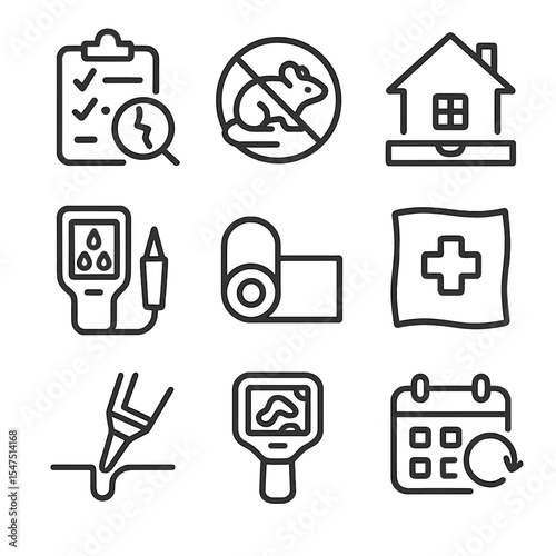 Maintenance Icon Set. Outline icon set of maintenance tasks: damage inspection checklist, rodent barrier icon, settlement check,