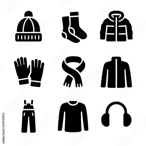 Winter Clothing Icons. Solid, filled icons set of winter clothing prep: knit hat, thermal socks, puffer coat,